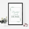 Beautiful Sweet Home Wall Art with Soft Green Fonts Clean Lining Frame and Leaf Accents