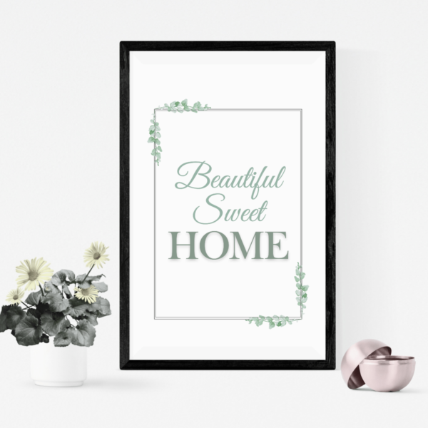 Beautiful Sweet Home Wall Art with Soft Green Fonts Clean Lining Frame and Leaf Accents