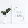 Beautiful Sweet Home Wall Art with Soft Green Fonts Clean Lining Frame and Leaf Accents