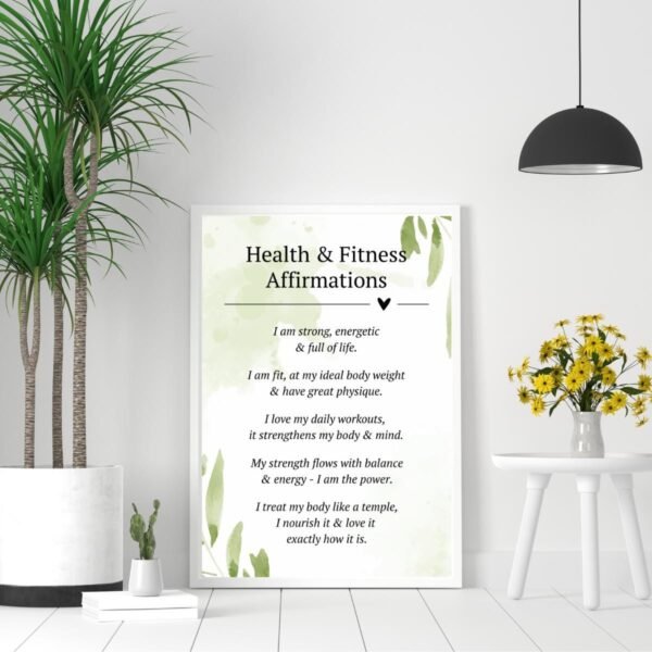 Wellness Affirmations Wall Art: Green Watercolor, Fitness Motivation (Digital Download)