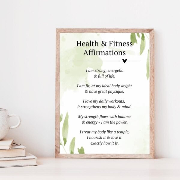 Wellness Affirmations Wall Art: Green Watercolor, Fitness Motivation (Digital Download)