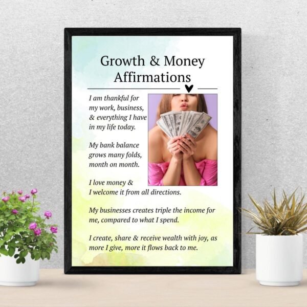 Growth and Money Affirmations Wall Art | Personalized Wealth Manifestation Poster | Framed Financial Growth Decor with Your Photo
