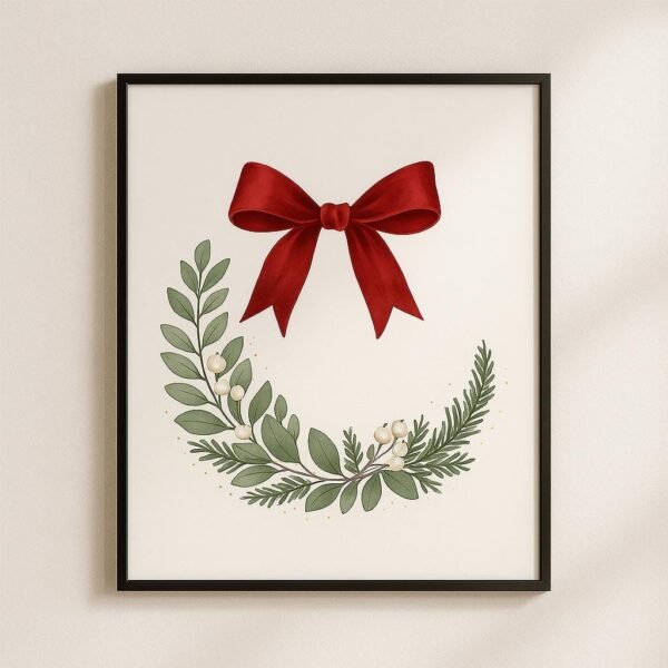 il_fullxfull.7341701068_ab4u.jpg Velvet Bow Christmas Printable Wall Art, Holiday Botanical Wreath, Red Ribbon & Eucalyptus, Instant Download