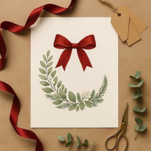 il_fullxfull.7341701074_4fyg.jpg Velvet Bow Christmas Printable Wall Art, Holiday Botanical Wreath, Red Ribbon & Eucalyptus, Instant Download