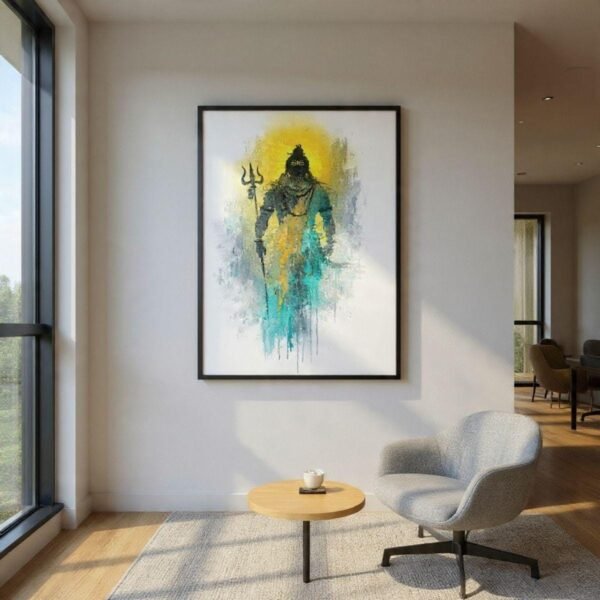 Abstract Lord Shiva Print, Teal Saffron Hindu Decor (Digital Download)