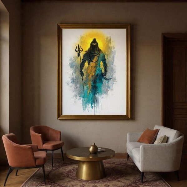 Abstract Lord Shiva Print, Teal Saffron Hindu Decor (Digital Download)