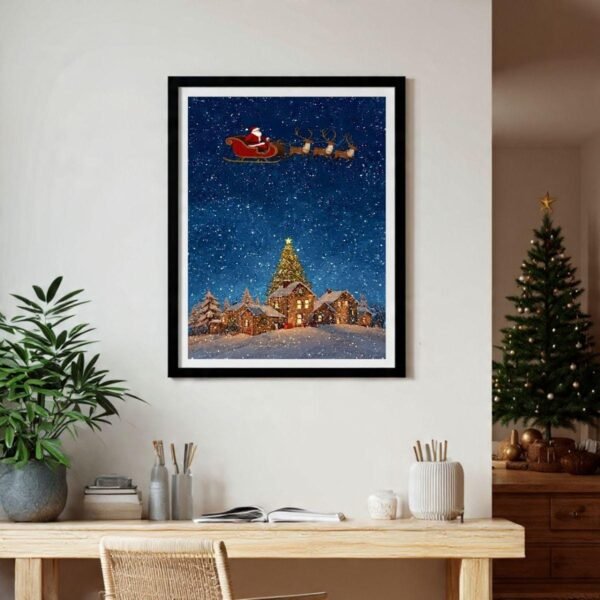 Santa Over Village Christmas Art Print – Winter Holiday Decor (Digital Download)