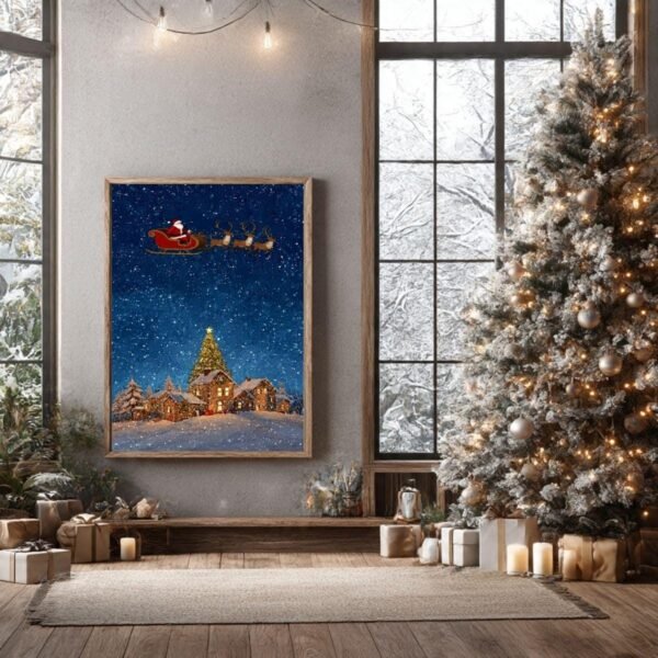 Santa Over Village Christmas Art Print – Winter Holiday Decor (Digital Download)