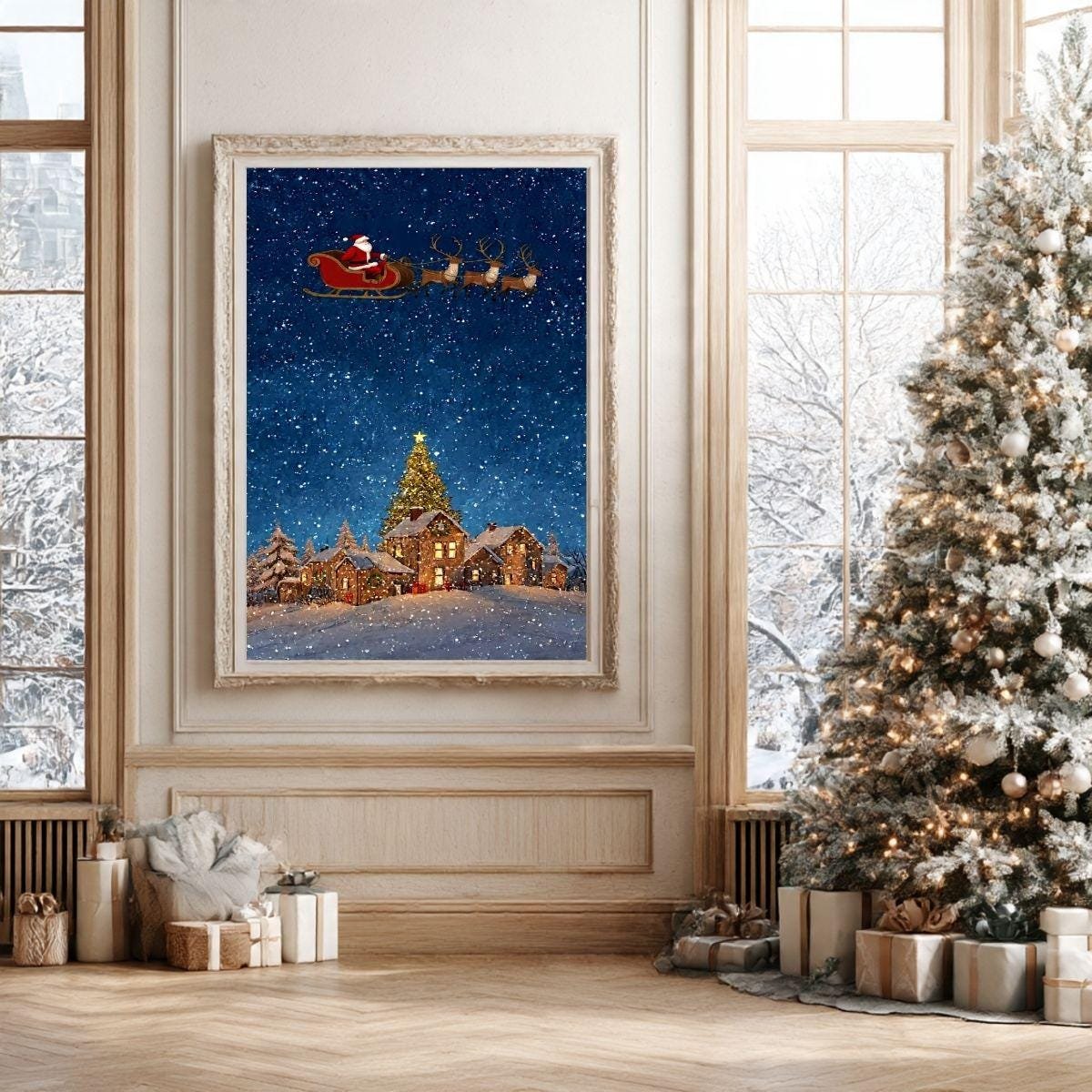 Santa Over Village Christmas Art Print – Winter Holiday Decor (Digital Download)