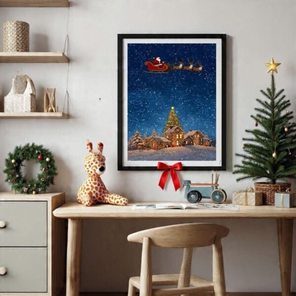 Santa Over Village Christmas Art Print – Winter Holiday Decor (Digital Download)