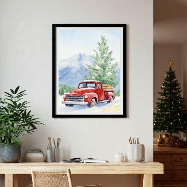Beautiful Red Christmas Truck Watercolor Print, Vintage Holiday Wall Art (Digital Download)