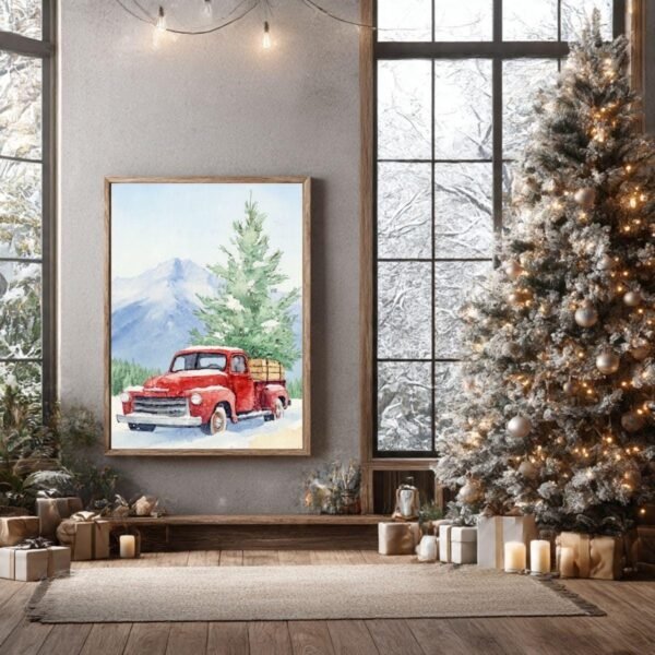Beautiful Red Christmas Truck Watercolor Print, Vintage Holiday Wall Art (Digital Download)