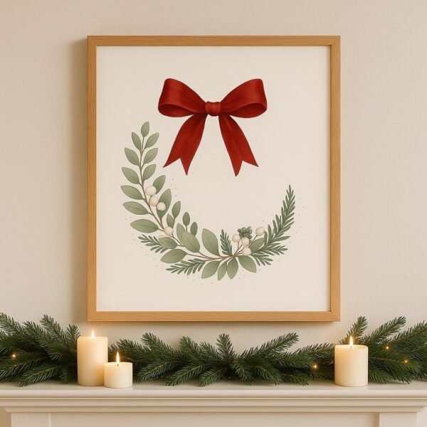 il_fullxfull.7389637973_36wg.jpg Velvet Bow Christmas Printable Wall Art, Holiday Botanical Wreath, Red Ribbon & Eucalyptus, Instant Download