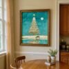 Christmas Wall Art Reindeer Tree Under Moon Vintage Winter Landscape Reflection