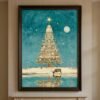 Christmas Wall Art Reindeer Tree Under Moon Vintage Winter Landscape Reflection
