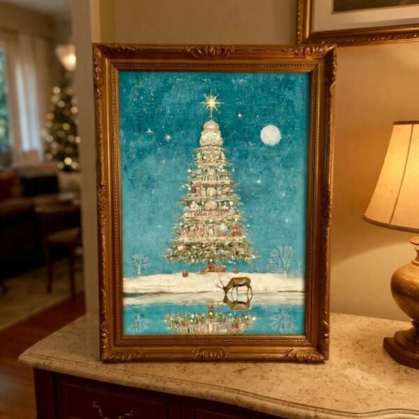 Christmas Wall Art Reindeer Tree Under Moon Vintage Winter Landscape Reflection