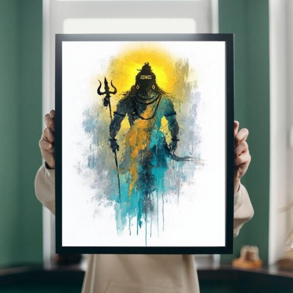 Abstract Lord Shiva Print, Teal Saffron Hindu Decor (Digital Download)