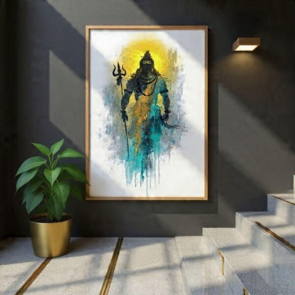 Abstract Lord Shiva Print, Teal Saffron Hindu Decor (Digital Download)