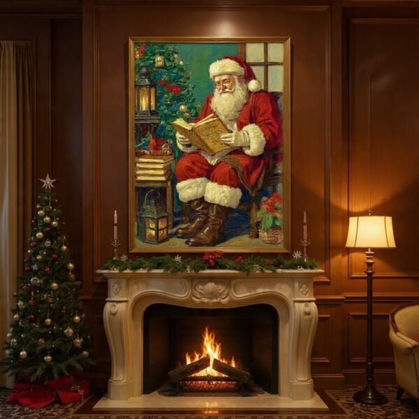 Vintage Santa Reading By Lantern Christmas Wall Art Print