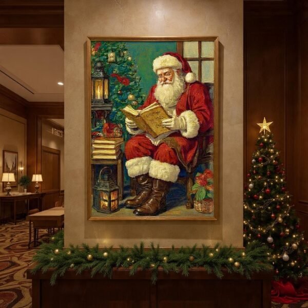 Vintage Santa Reading By Lantern Christmas Wall Art Print