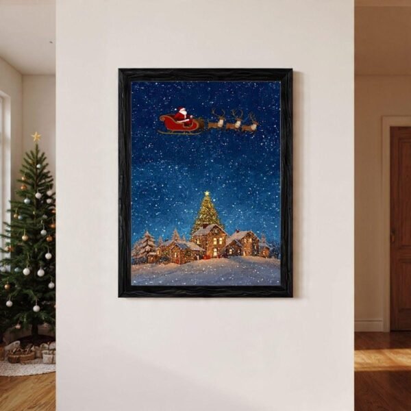 Santa Over Village Christmas Art Print – Winter Holiday Decor (Digital Download)