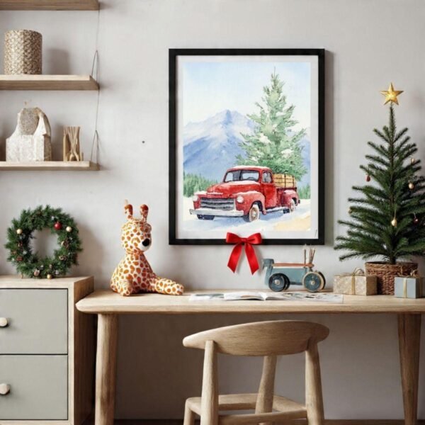 Beautiful Red Christmas Truck Watercolor Print, Vintage Holiday Wall Art (Digital Download)