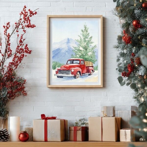 Red Christmas Truck Watercolor Print