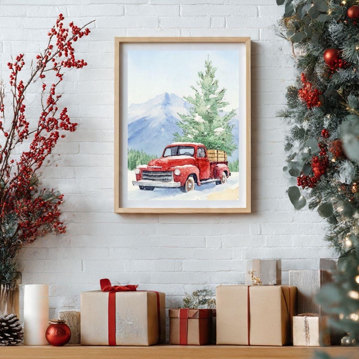 Beautiful Red Christmas Truck Watercolor Print, Vintage Holiday Wall Art (Digital Download)