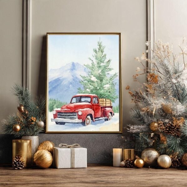 Beautiful Red Christmas Truck Watercolor Print, Vintage Holiday Wall Art (Digital Download)