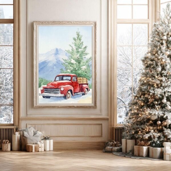Beautiful Red Christmas Truck Watercolor Print, Vintage Holiday Wall Art (Digital Download)