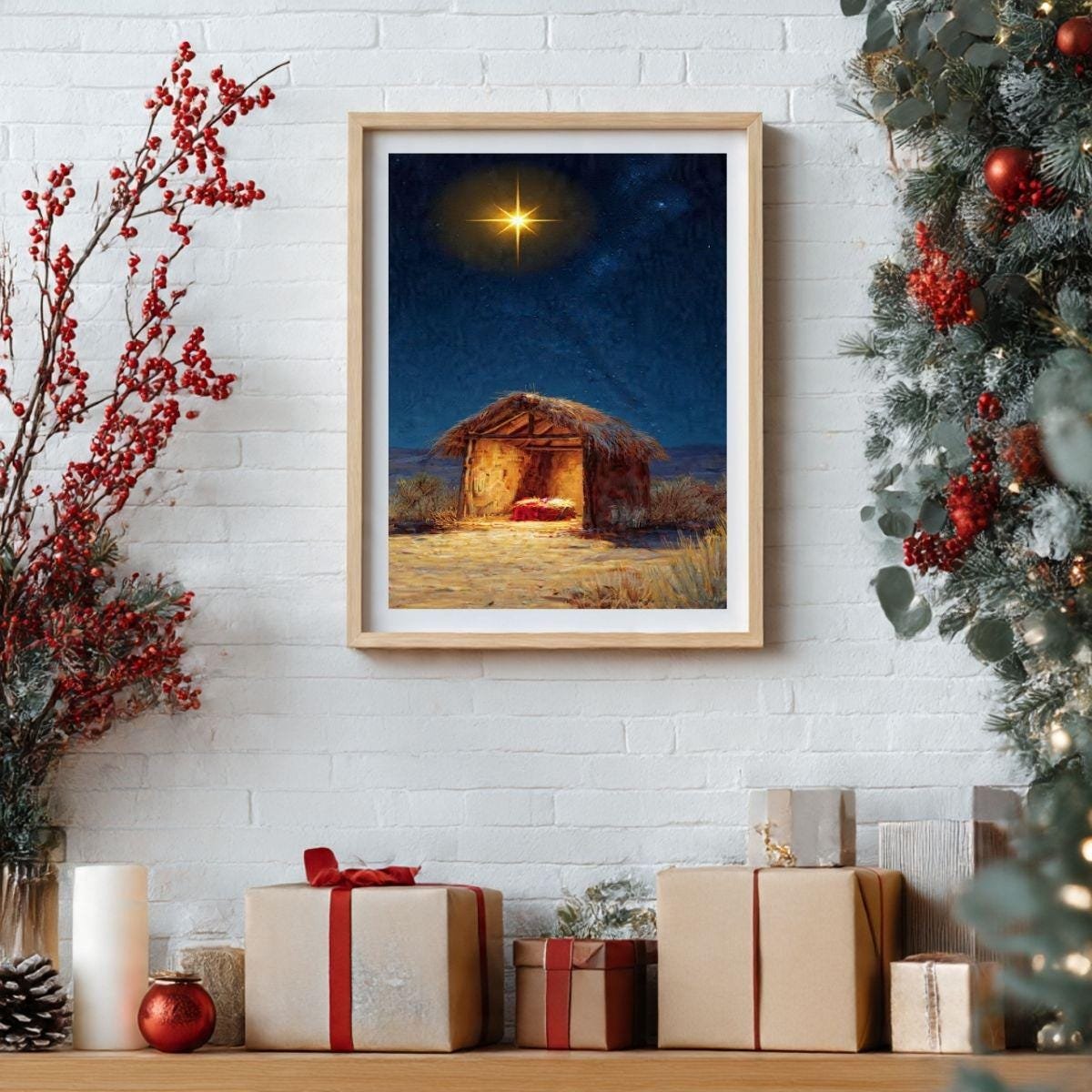 Nativity Art Print Christmas Manger, Modern Christian Decor (Digital Download)