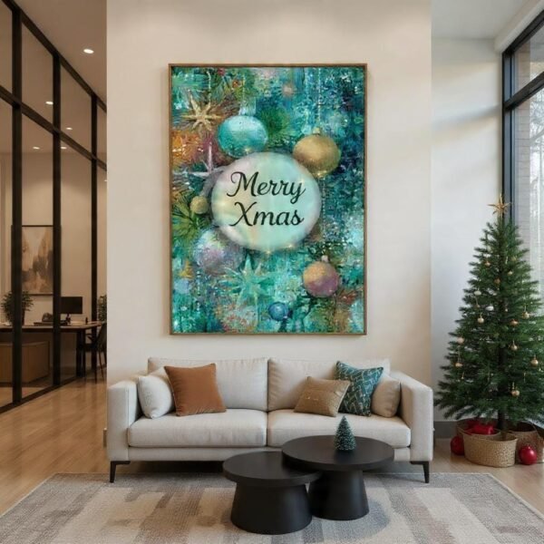 Christmas Wall Art Merry Xmas Ornaments In Teal And Gold Instant Download