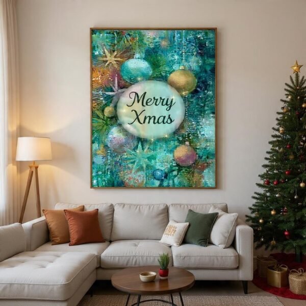 Christmas Wall Art Merry Xmas Ornaments In Teal And Gold Instant Download