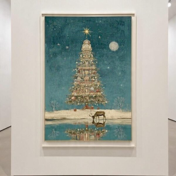 Christmas Wall Art Reindeer Tree Under Moon Vintage Winter Landscape Reflection