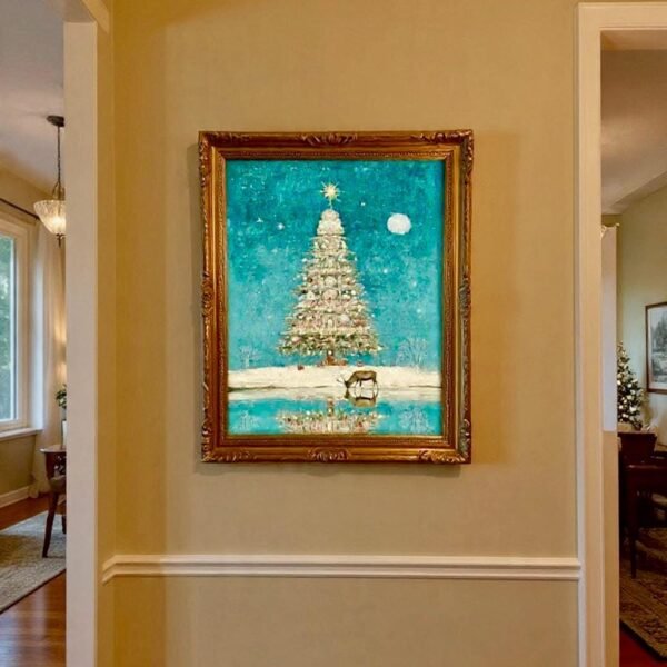 Christmas Wall Art Reindeer Tree Under Moon Vintage Winter Landscape Reflection