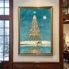 Christmas Wall Art Reindeer Tree Under Moon Vintage Winter Landscape Reflection