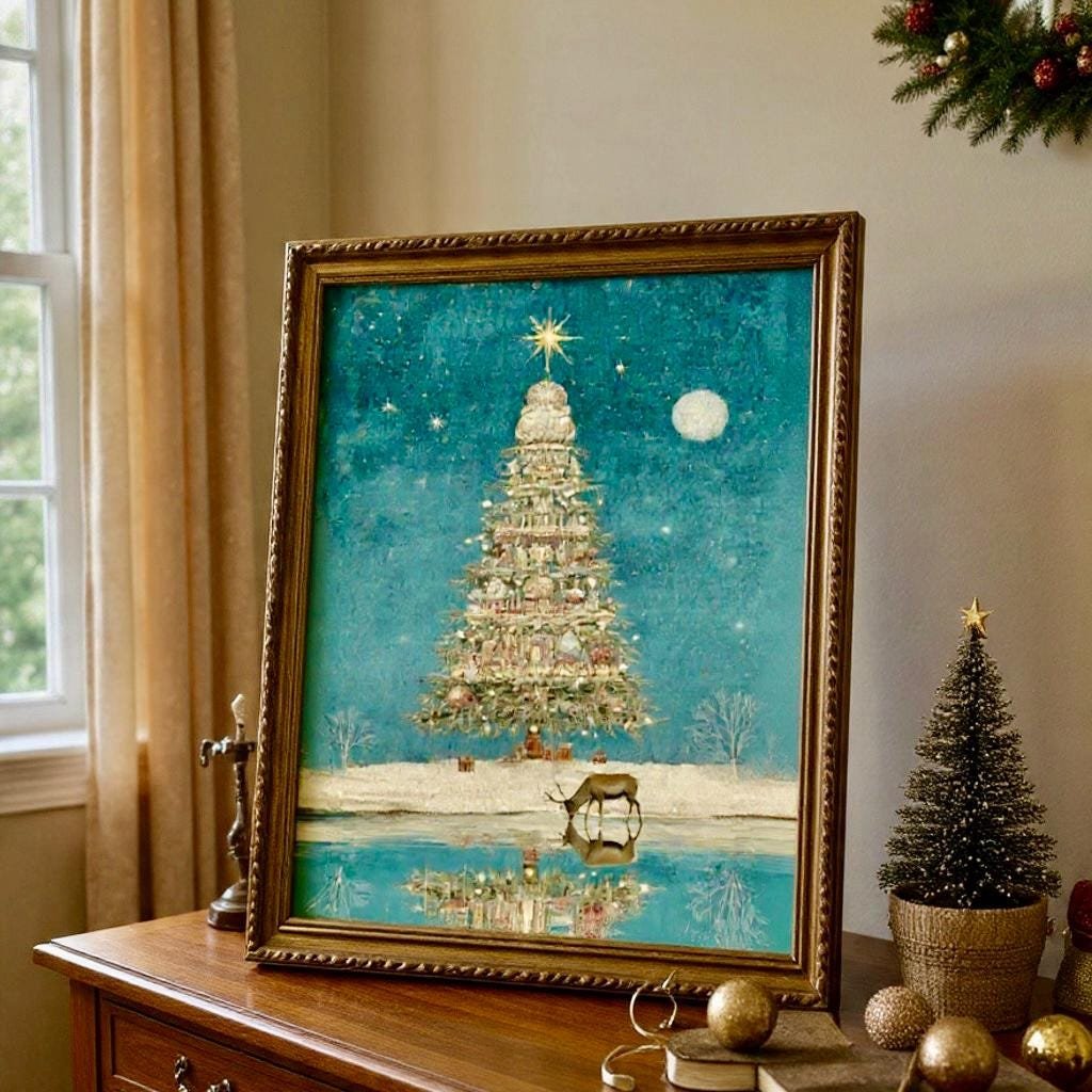 Christmas Wall Art Reindeer Tree Under Moon Vintage Winter Landscape Reflection