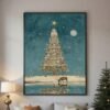 Christmas Wall Art Reindeer Tree Under Moon Vintage Winter Landscape Reflection