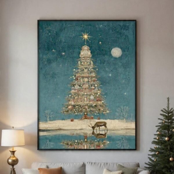 Christmas Wall Art Reindeer Tree Under Moon Vintage Winter Landscape Reflection
