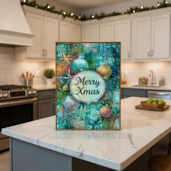 Christmas Wall Art Merry Xmas Ornaments In Teal And Gold Instant Download