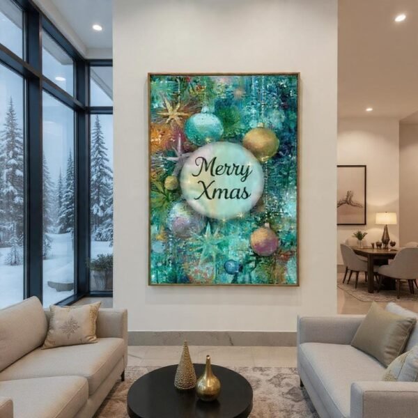 Christmas Wall Art Merry Xmas Ornaments In Teal And Gold Instant Download