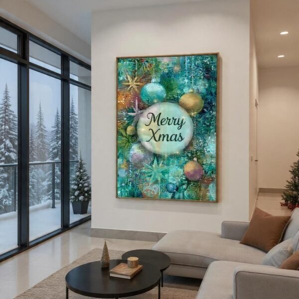 Christmas Wall Art Merry Xmas Ornaments In Teal And Gold Instant Download