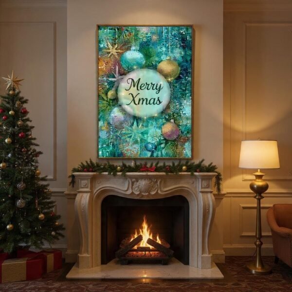 Christmas Wall Art Merry Xmas Ornaments In Teal And Gold Instant Download